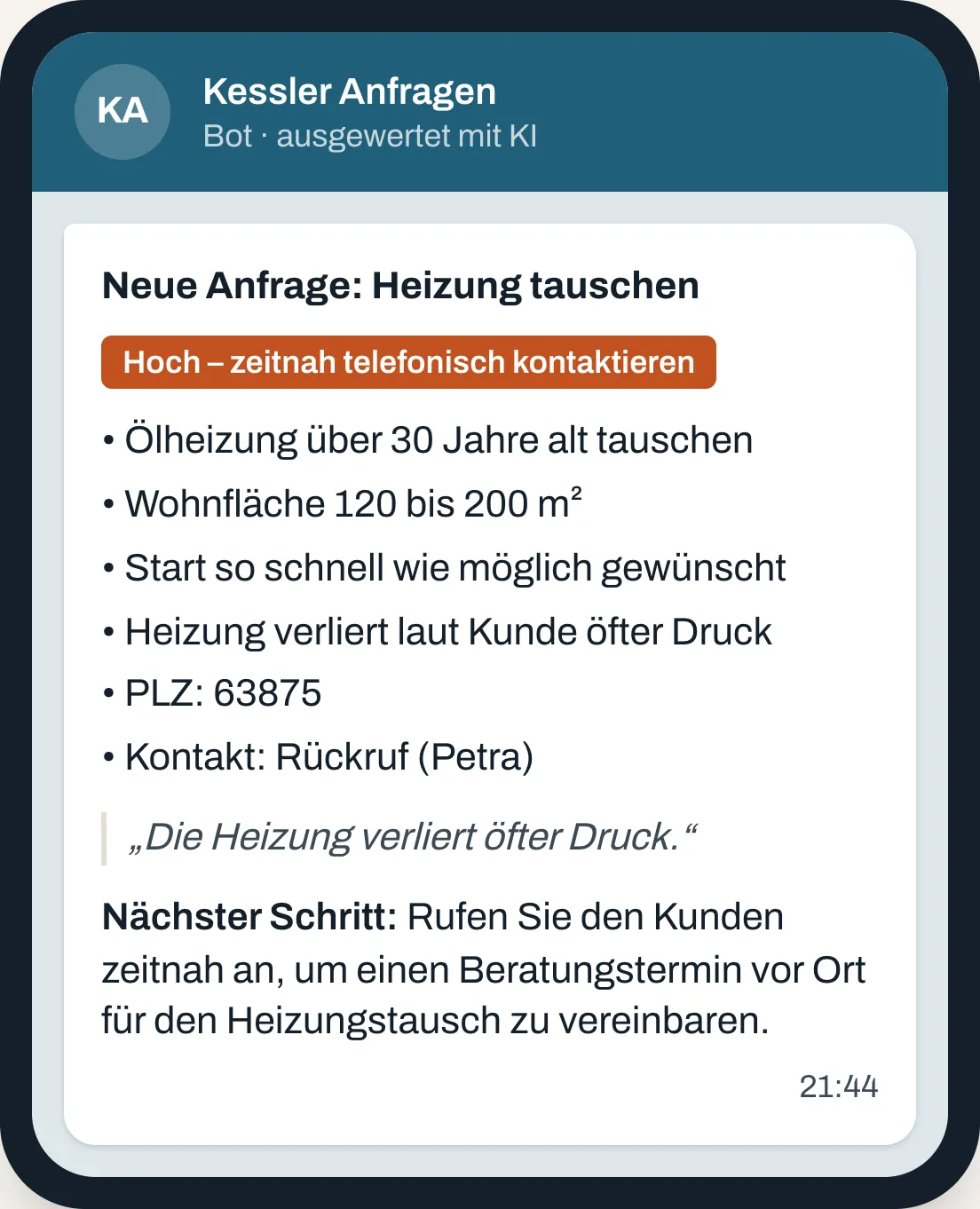 Von der KI ausgewertete Anfrage, wie sie beim Betrieb ankommt