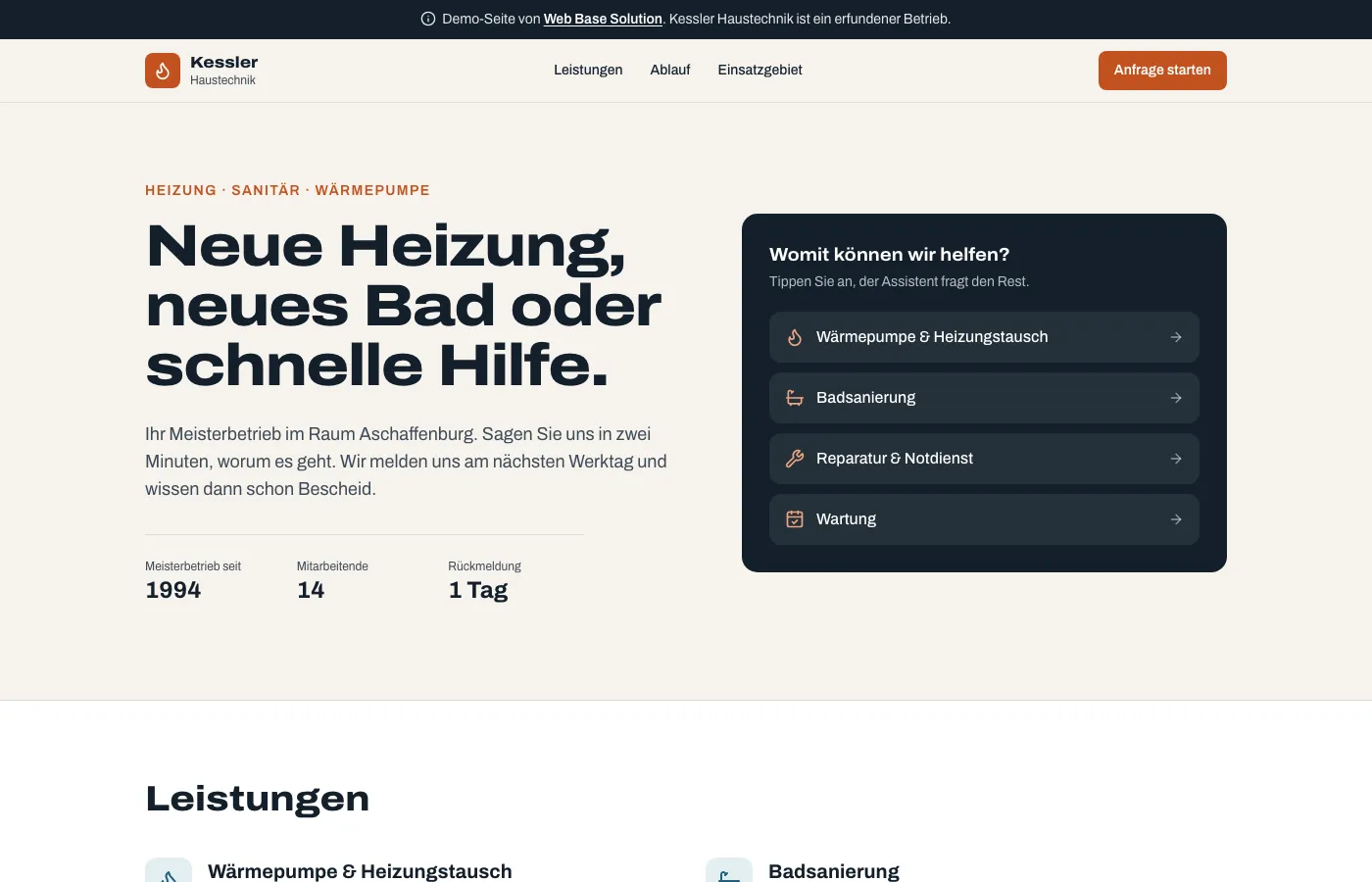 Startseite der Demo „Kessler Haustechnik“ mit Auswahl des Anliegens